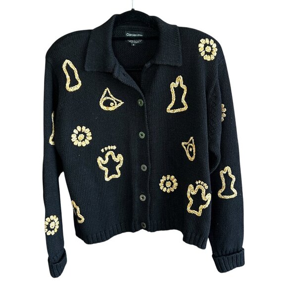 Carole Little Vintage Black Gold Embroidered Cardigan Sweater Size Small - Picture 1 of 11
